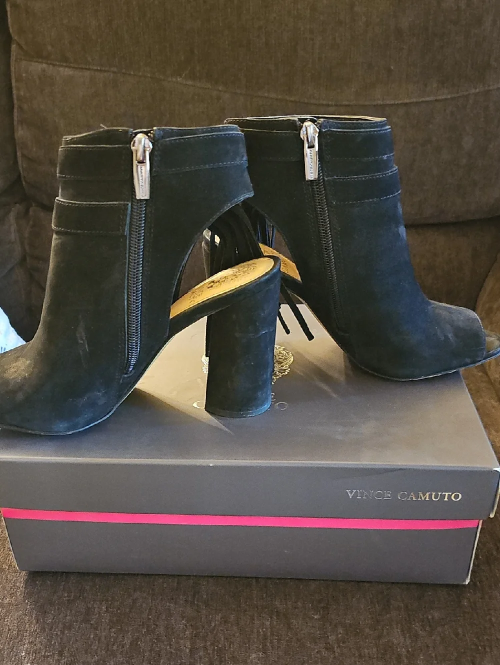 Vince Camuto Catinca Black Suede Peep-Toe Block Heel Sandals with Tassel Straps